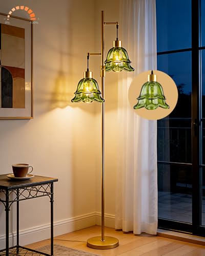 Image of Lightdot 65IN Gold Flower Floor Lamp for Living Room, 2- Light Dimmable Floor Lamps with Green Glass Lampshade, 3000K Warm White Modern Standing Tall Lamp with 5Lbs Heavy Base for Bedroom Sofa Beside