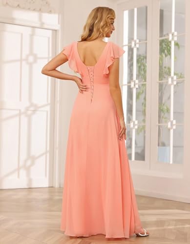 Long Chiffon Bridesmaid Dresses for Women V Neck Ruffled Split Long Formal Evening Dress2