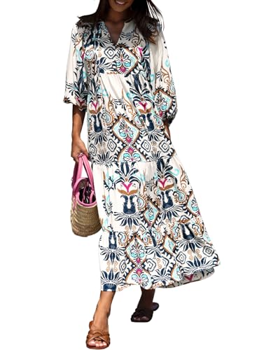 Image of miduo Womens Loose Fit Casual Summer V Neck Half Sleeve Bohemian Geometric Pattern Maxi Long Dresses