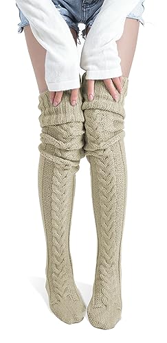 Pcavin Women's Thigh High Socks Over the Knee Cable Knit Boot Socks, Long Warm Fashion Leg Warmers Winter(Khaki(2024))
