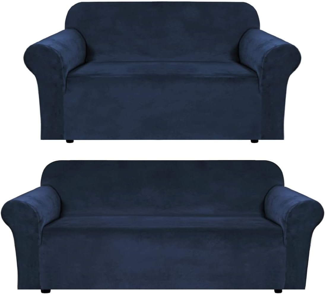 H.VERSAILTEX Velvet Stretch Sofa Covers for 3 & 2 Cushion Couch (72"-96", 58"-72", Navy)