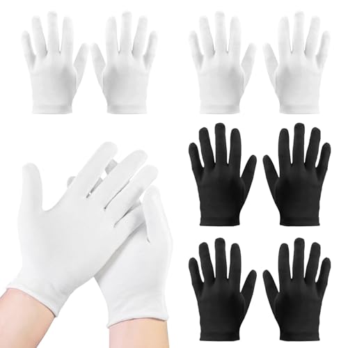 Gants Coton Dermatologique, 4 Paires Noir Et Blanc Gant Coton Blanc Eczema pour les Mains Sèches, Épais Réutilisable Gants Hydratants en Cotons pour Dormir, Spa, Traitement de La Peau