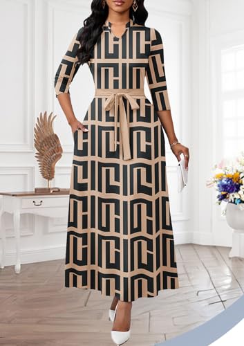 Image of BubFee Maxi Dresses for Women Semi Formal Long Dress 3 /4 Sleeve Casual A-line Church Dresses with Pockets