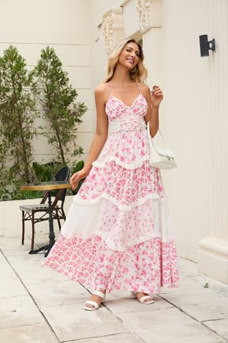 Women Floral Patchwork Maxi Dress V Neck Sleeveless Cross Back Spaghetti Strap Tiered Sundress Summer Long Dress4