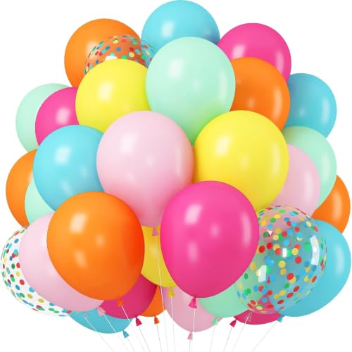 Image of HILAVO Rainbow Balloons 12 Inch 55 Pcs Multicolor Colorful Balloon Hot Pink Orange Teal Blue Yellow Green Confetti Latex Ballons for Summer Hawaiian Birthday Wedding Baby Shower Engagement Party Decor