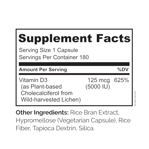 Image of NATURELO Vitamin D - 5000 IU - Plant Based from Lichen - Natural D3 Supplement for Immune System, Bone Support, Joint Health - High Potency - Vegan - Non-GMO - Gluten Free - 180 Capsules