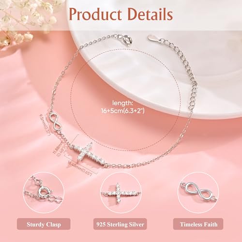 925 Sterling Silver Cross Bracelet for Girls - Christian Religious Faith Infinity Cross Bracelets for Teens Dainty Inspirational Gifts for Her Birthday Baptism Confirmation Easter4