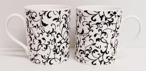 Image of Rainbow Decors Venetian White Mugs Set of 2 Bone China Large Balmoral 14fl oz 400 ml Swirl & Leaves Cups Hand Decorated in UK