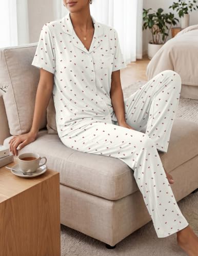Image of Womens Pajamas Sets 2 Piece Button Up Pj Sets Short Sleeve with Long Pant