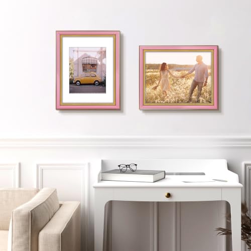 Image of Golden State Art,11x14 Ornate Picture Frame Holds 8x10 Photo,Pink Gold | Includes real glass front,white mat,build-in hangers and buttons.Displays 8x10 photo on wall