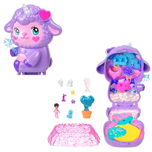 Polly Pocket Corderito de ensueño Estuche Conjunto de juego y muñecos, juguete de viaje con una muñequita, un unicornio a modo de mascota, comida y accesorios de moda, JCB15