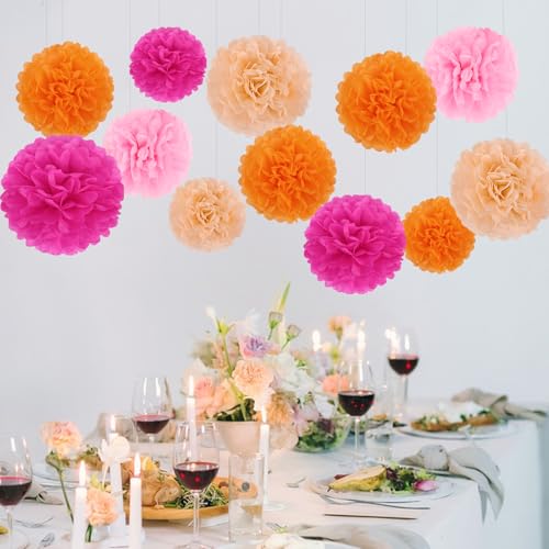 Image of BestoFun 16 PCS Hot Pink Orange Party Decorations Tissue Paper Flowers Pom Poms Decorations for Girl Groovy Birthday Baby Shower Wedding Bachelorette Room Wall Hanging Decor