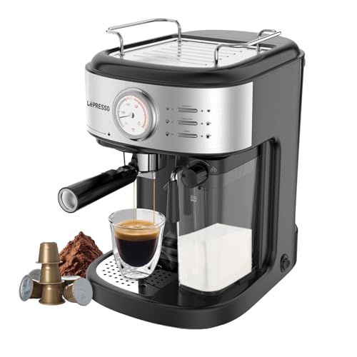 LePresso 20 Bar Coffee Machine, NS Capsule and Ground Coffee Compatible Espresso Machine, 1.7L Water Capacity, 500ml Milk Capacity, Milk Frothing Function, Automatic Latte and Cappuccino Maker Machine