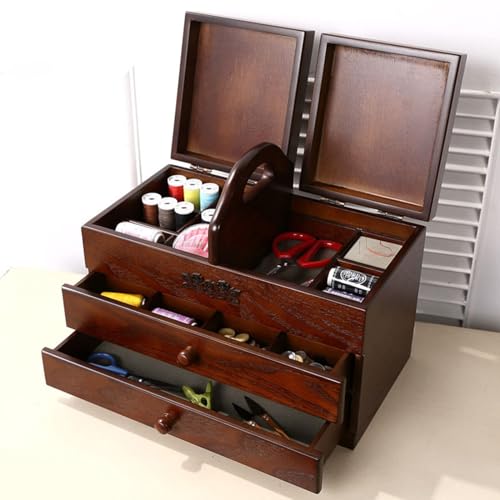Organizador de costura de madera con cajones y compartimentos, almacenamiento portátil para herramientas de costura y suministros de bordado en casa