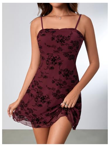 Image of Verdusa Women's Mini Dress Floral Spaghetti Strap Mesh Short Dresses Going Out Sundress Y2k Gothic Clothes