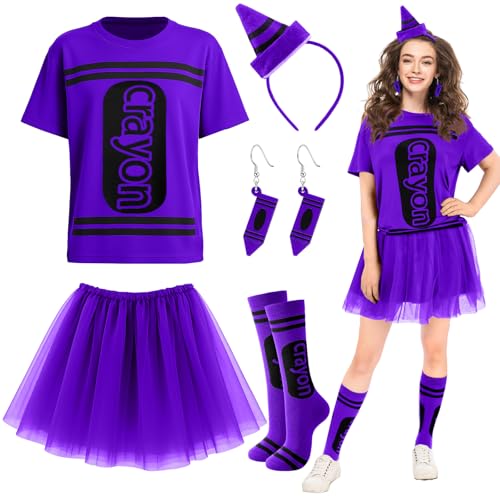 Newcotte 7 Pcs Halloween Crayon Costume Set with Crayon T Shirt Tutu Skirt Thigh High Stockings Wooden Earring(Purple,XL) by Newcotte - Used condition - US$34.19