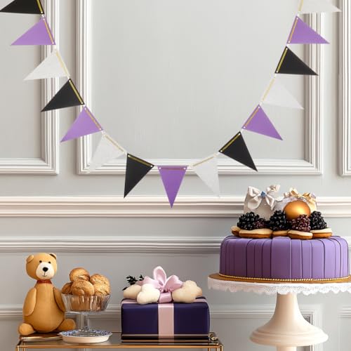 Image of MOWO Purple Black and Silver Pennant Banner Paper Bunting, 30pc, 20 feet | Hanging Decoration, Graduation Birthday Retirement Halloween Party