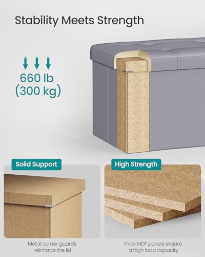 Image of SONGMICS MAZIE Collection - 43 Inches Folding Storage Ottoman Bench, Ottoman with Storage, Foot Rest Stool, Load 660 lb, for Living Room, Synthetic Leather, Light Gray ULSF70GY
