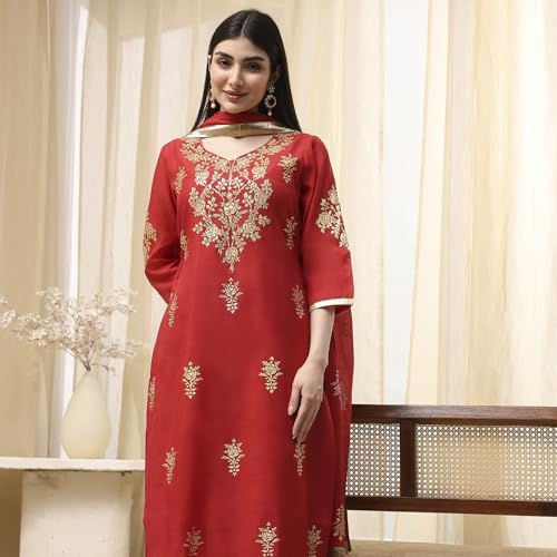 Image of BIBA Women Poly Chanderi Straight Printed Suit Set