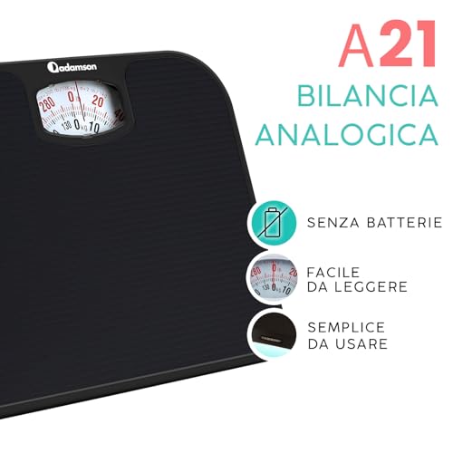 Adamson A21 Bilancia Pesapersone Meccanica - Fino A 136 Kg - Superficie In Gomma Antiscivolo - Bilancia Pesapersone Analogica - Bilancia Analogica Con 20 Anni Di Garanzia - Nero Completo - 2