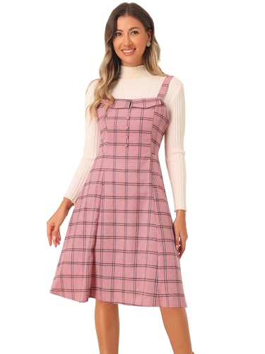 Allegra K Damen Plaid Kleid Vintage Ärmellos Krawatte Taille A-Linie Latzhose Overall Kleider, Pink, X-Klein