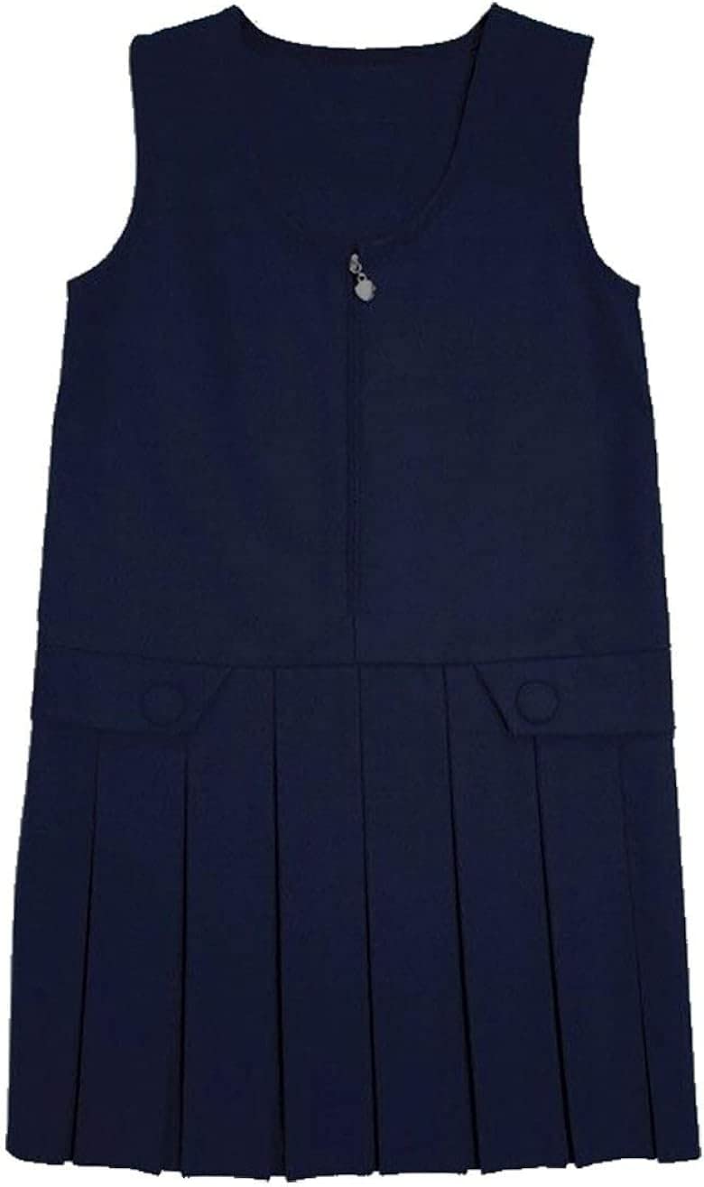 StyleWear Girls Pinafore Round Neck Box Pleated Dress Kids Front Heart Zip Sleeveless School Uniform Navy