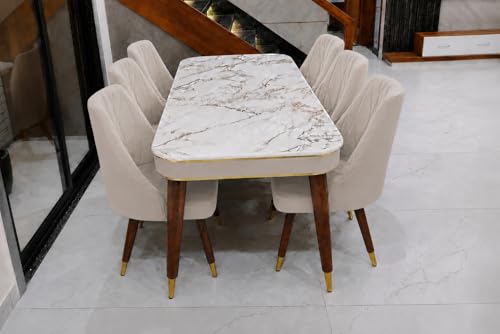 Image of WOODEN SPACE 6-Seater Wooden Dining Table Set | Nano Composite Marble Top | Solid Wood Base | Modern Dining Room Furniture with 6 Chairs (Beige Frontline)