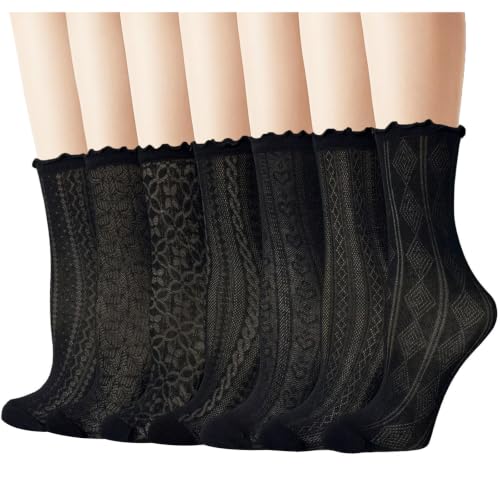 Cityelf 7 Pack Black Ruffle Dress Socks for Women Cotton Premium Thin, Lettuce Trim Lightweight Breathable Soft Elastic Frilly Crew Socks for Work Casual -Black 5-11
