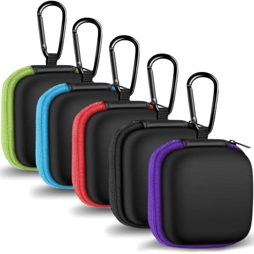 MOLOVA Earbud Case Portable EVA Carrying Case Storage Bag Cell Phone Accessories Organizer with Carabiner for Wired/Wireless Headphones, SD Memory Card, Camera Chips(Square, 5 Pack2)