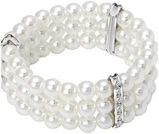 Coolrunner Ladies 3 Rows Faux Pearls Accent Off White Stretch Wrist Bracelet Jewelry