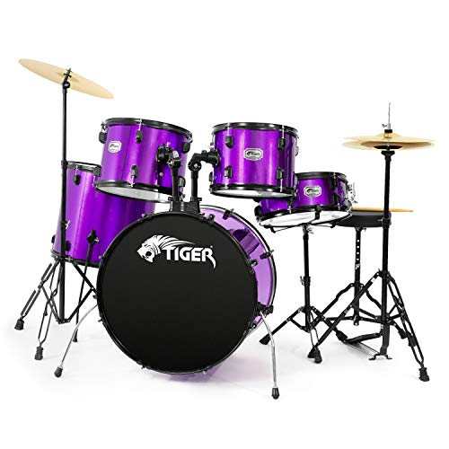Tiger - TIGER DKT28-PU Full Size Acoustic Drum 22" Bass Drum Kit with Stands Stool Sticks & Cymbals - Purple