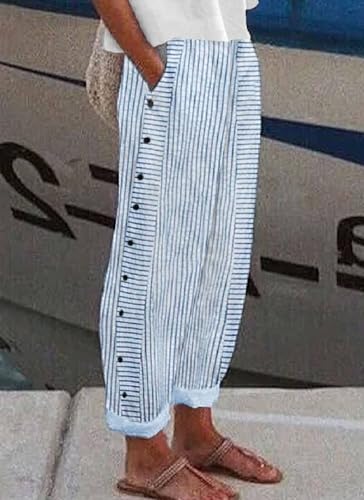 Women's Side Pockets Blue and White Striped Wide Leg Pants with Pockets 2025 Summer Casual Elastic Waistband Trousers2