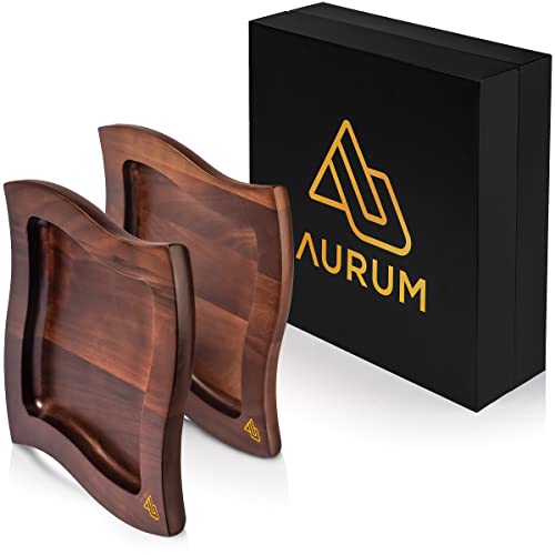 Aurum Wave Wood Plates Set Of 2 (9 Inches) – Artisan Made Black Walnut Wood Serving Plate For Snacks, Dessert, Meals – Unique Square Plates With Gold Logo – Safe And Durable – Elegant Farmhouse Design #TOP2
