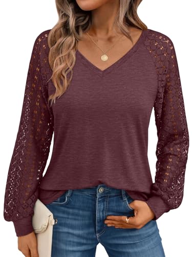 AUTOMET Womens Long Sleeve Shirts V-Neck Lace Tops Business Casual Blouses Tee Trendy 2025 Fall Fashion Outfits Clothes