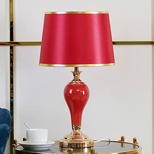 Mengjay Lampada da tavolo in porcellana rossa fatta a mano con paralume E27 Lampada da tavolo orientale Lampade da comodino in ceramica (lampadine non incluse)