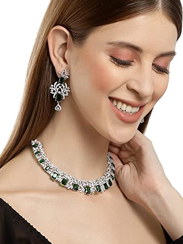 Image of Karatcart Silver Tone Green American Diamond Studded Necklace Set for Women