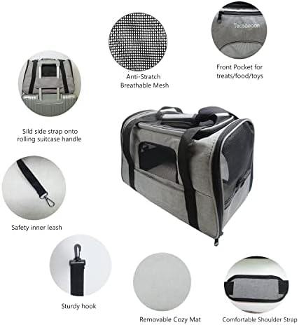 Tecageaon Soft Pet Carrier Cat Carrier Dog Carrier for Small Dogs Cats Kitten Dogs Puppies,Escape-Proof,Airline Approved for Travel ,Breathable,5 Mesh Windows (Medium, Grey)