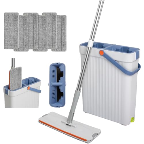 Mopa para Limpiar Azulejos y Paredes Mopa Fregona con Cubo Escurridor Palo 155 CM Fregona Autoescurrible Mopas de Limpieza Suelos Cepillo 6 Almohadillas Microfibra Limpiador y Atrapa Polvo Mop