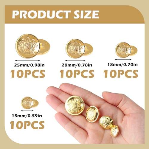 Gold Brass Shank Flat Buttons, 40 Pcs Vintage British Gold Button for Blazer, Multiple Sizes Coat Round Buttons Replacement for DIY Craft Sewing Coats Shirt Trousers 15mm 18mm 20mm 25mm (Golden)