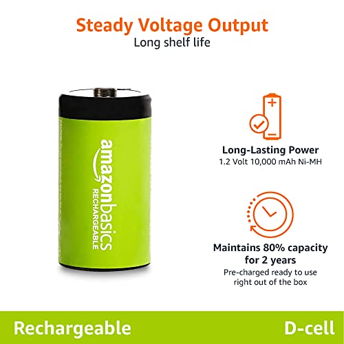 Amazon Basics 4-Pack Rechargeable D Cell NiMH Batteries, 10000 mAh, Pre-Charged, Recharge up to 1000x Times view 3
