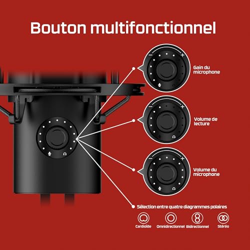 HyperX QuadCast 2, Microphone USB à condensateur pour Gaming/Streaming/Podcast, 4 directivités, Commandes intégrées, éclairage LED, Support Anti Choc Amovible, PC/Mac/PS5/PS4, USB-C, Noir