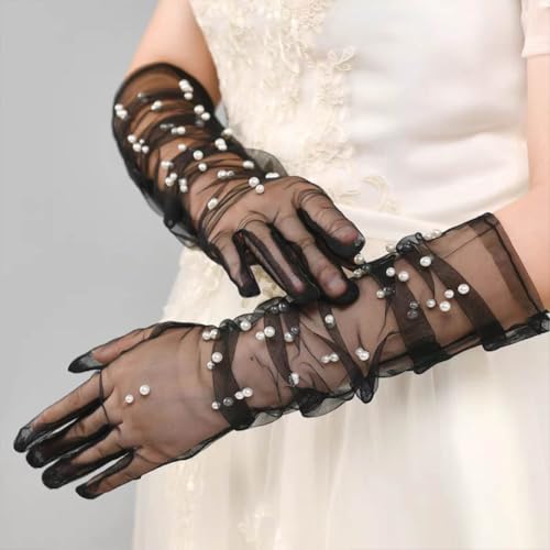 2 Pairs Women's White Pearl Long Gloves Summer UV Protection Tulle Mesh Bridal Gloves for Cocktail Wedding Opera Party2