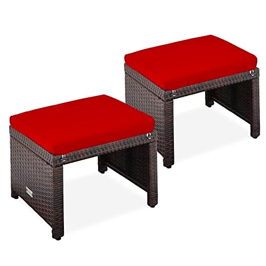 Best Choice Products Set of 2 Wicker Ottomans, Multipurpose Outdoor Furniture for Patio, Backyard, Additional Seating, Footrest, Side Table w/Removable Cushions, Steel Frame - Brown/Red