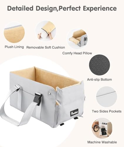 Pawaboo Hunde Autositz für kleine Hunde, Mittelkonsolen-Hundesitzerhöhung, Verdicktes Hundeautositz mit Weichem Plüsch, Hundbett mit Befestigung und Sicherheitsleine, bis zu 15lbs, Grau + Beige
