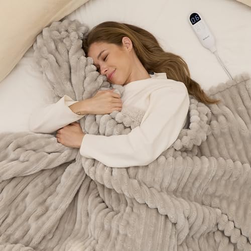 Image of Bedsure Heated Blanket Full Size - Thick Striped Fast Heating Electric Blanket with Preheat Function, 6 Heat & 6 Timer (Up to 10H), 8H Auto Off, ETL Certified, Gift for Grandma (72 inchx84 inch, Linen)