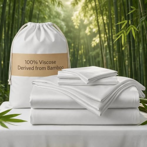 Image of Real 100% Viscose Derived from Bamboo Sheets Set King Size, Cooling Silky Soft for Hot Sleeper, Luxury with Breathable & Moisture Wicking Fabric, 18 inch Deep Pocket with Corner Straps(Snow White, King)