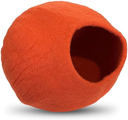100% Natural Wool Large Cat Cave - Handmade Premium Shaped Felt - Makes Great Covered Cat House and Bed for Kitty. for Indoor Cozy Hideaway. Large Pod Soft Hooded Bed Area.