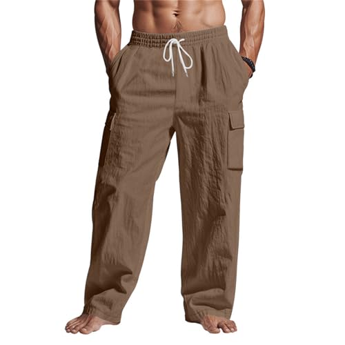 Linen Pants Men Big and Tall Drawstring Elastic Waist Cargo Pants Regular Fit Lounge Yoga Travel Pant Lightweight Cover Up Gauze Pant Linen Trousers Men Casual Summer Beach Vacation Outfits