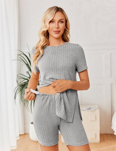 Image of Ekouaer Maternity Sets 2 Piece Outfits Ribbed Knit Short Sleeve Shirts and Biker Shorts Pregnancy Loungewear Mama Clothes