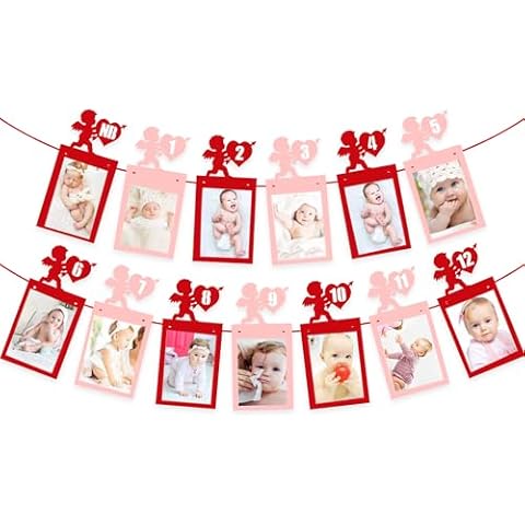 MATTTIME Valentine’s Day 12 Months Photo Banner Heart Theme Garland Pink Red Valentine's Day 1st Birthday Party Newborn First Year Decor Cover